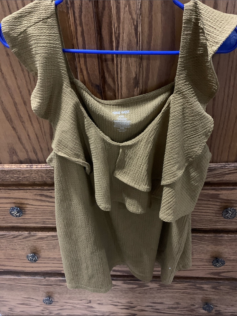 Nine West Olive Green Ruffle Shoulder Sleeveless Top